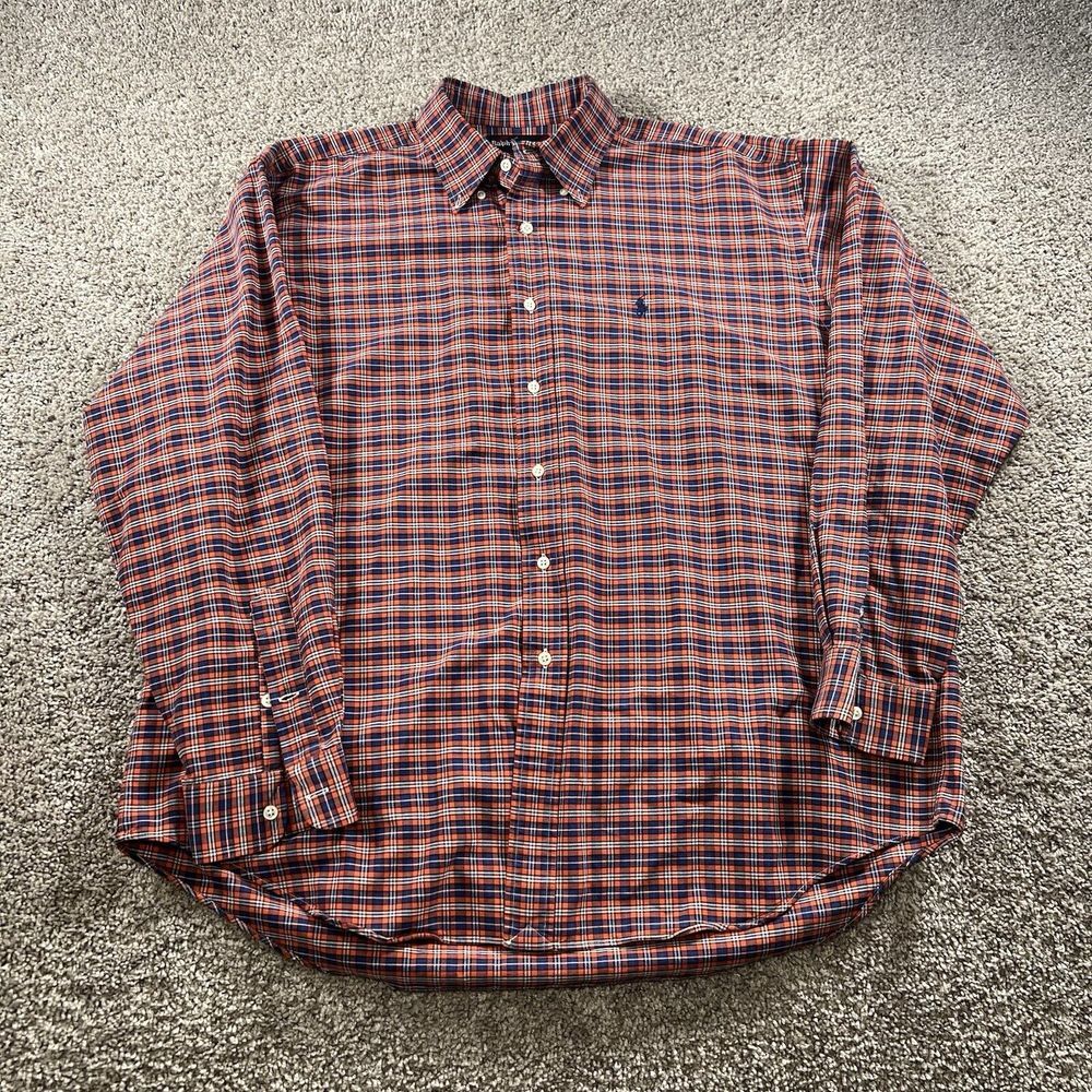 Vintage Ralph Lauren Blake Oxford Shirt Mens XL Orange Blue Plaid Long‎ Sleeve